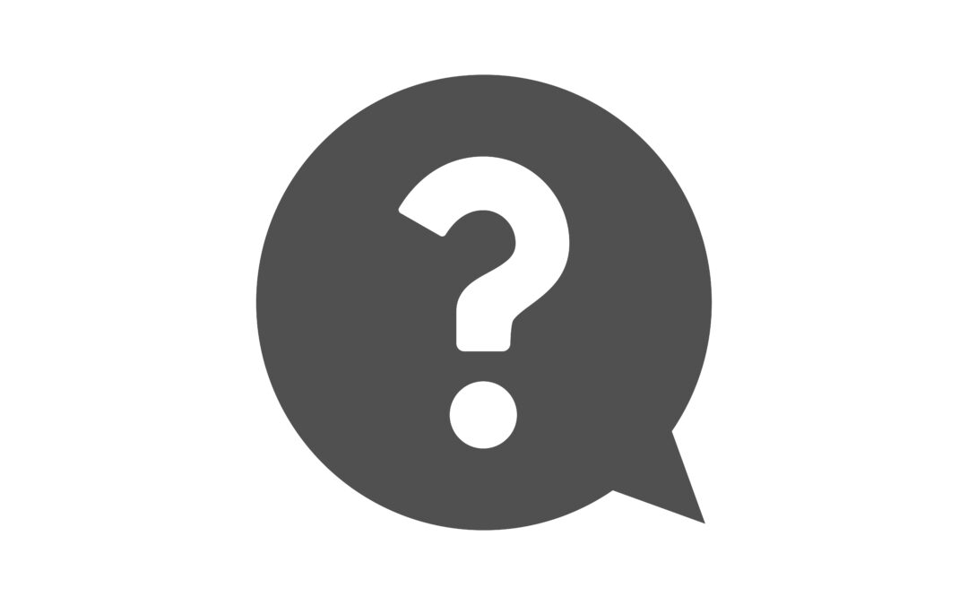 A white question mark on top of a black word bubble.