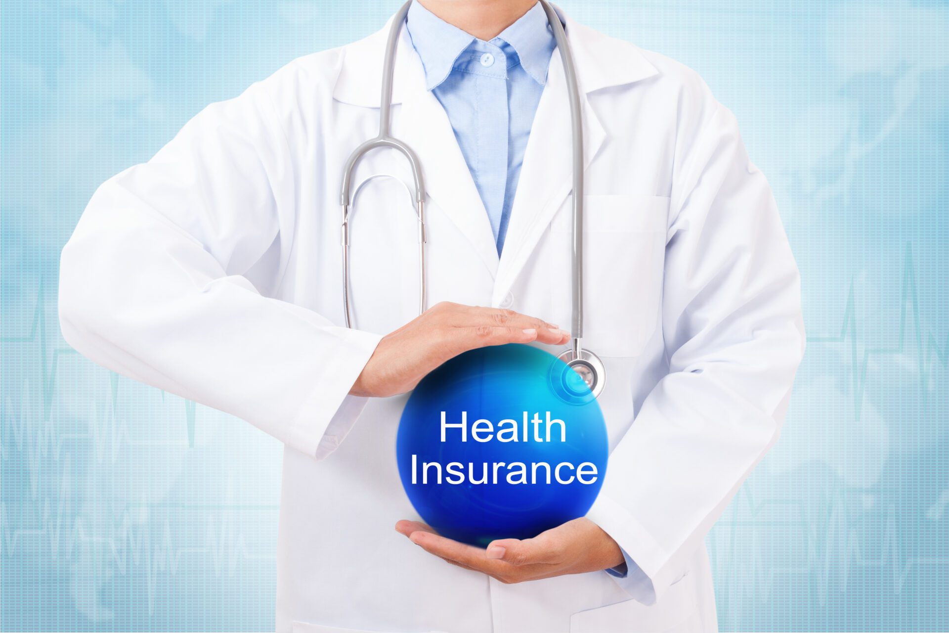 Doctor holding blue crystal ball with health insurance sign on medical background
