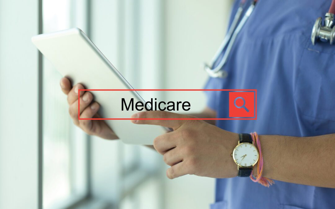 An image of a healthcare professional in scrubs using a tablet, with a digital search bar overlay showing the word "Medicare" and a red search icon.