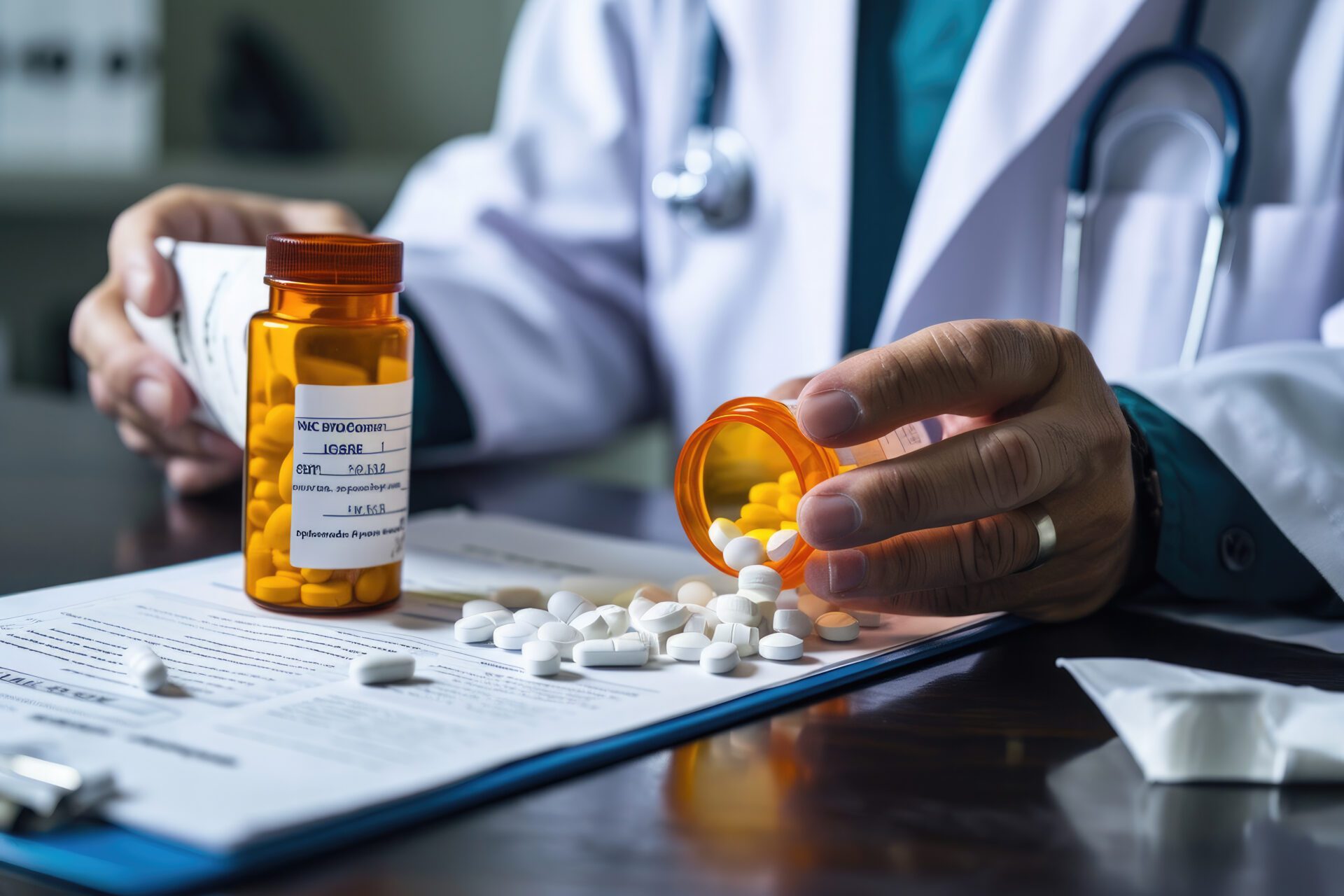 Image of a medical professional handling and dispensing medication.