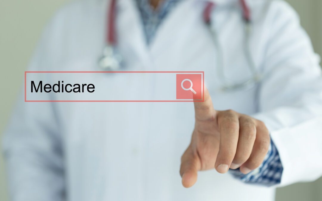 Image of doctor working modern interface touchscreen searching and Medicare.